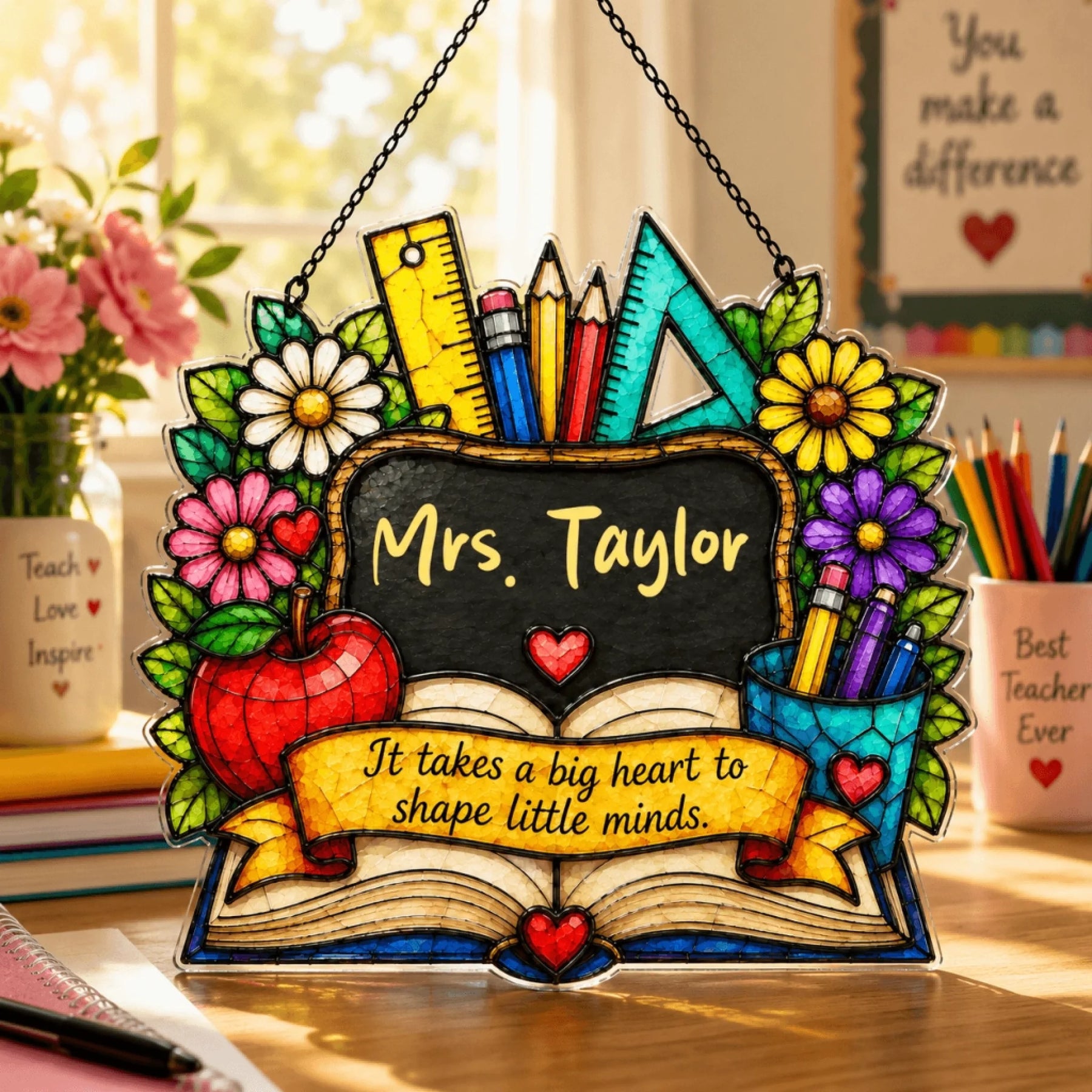 Decorative personalized teacher gift with a stained glass effect, featuring an apple book and teacher appreciation quote.
