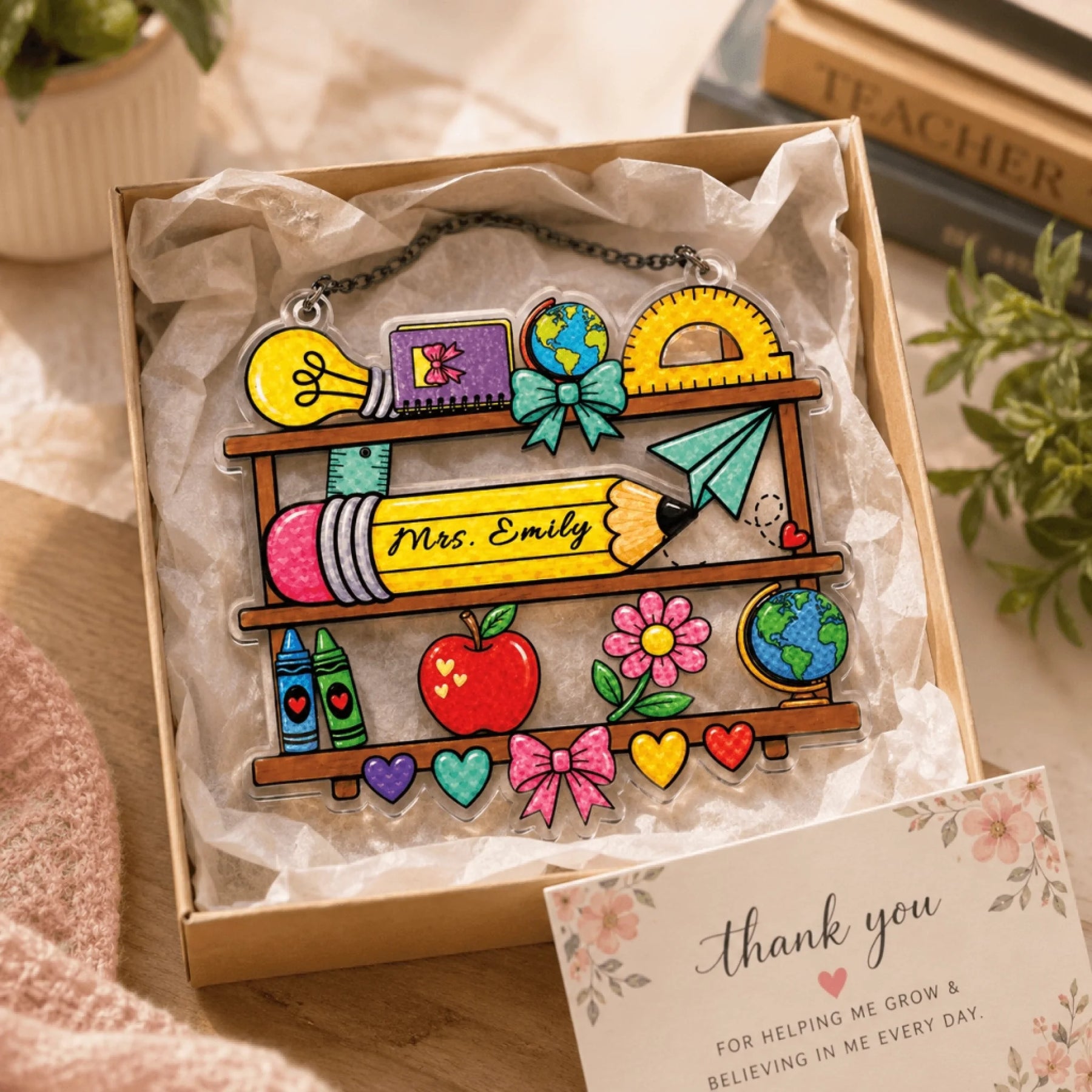 Mrs. Emily personalized teacher ornament packaged in a gift box with a thank you note for teacher appreciation.