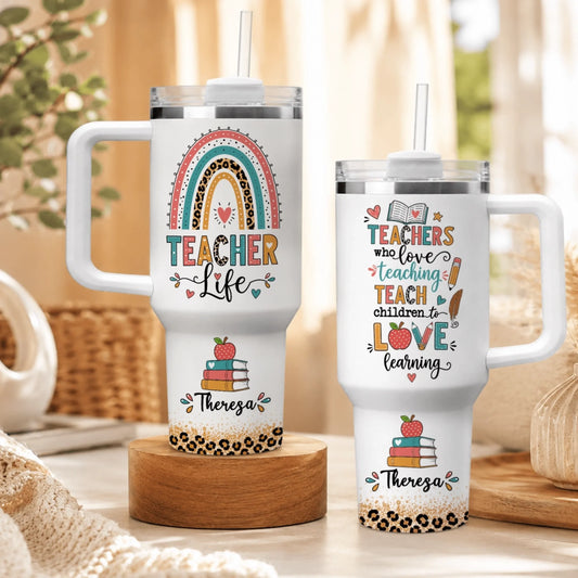 Personalized teacher life tumbler featuring a rainbow design books and custom name Theresa for back to school gifts.