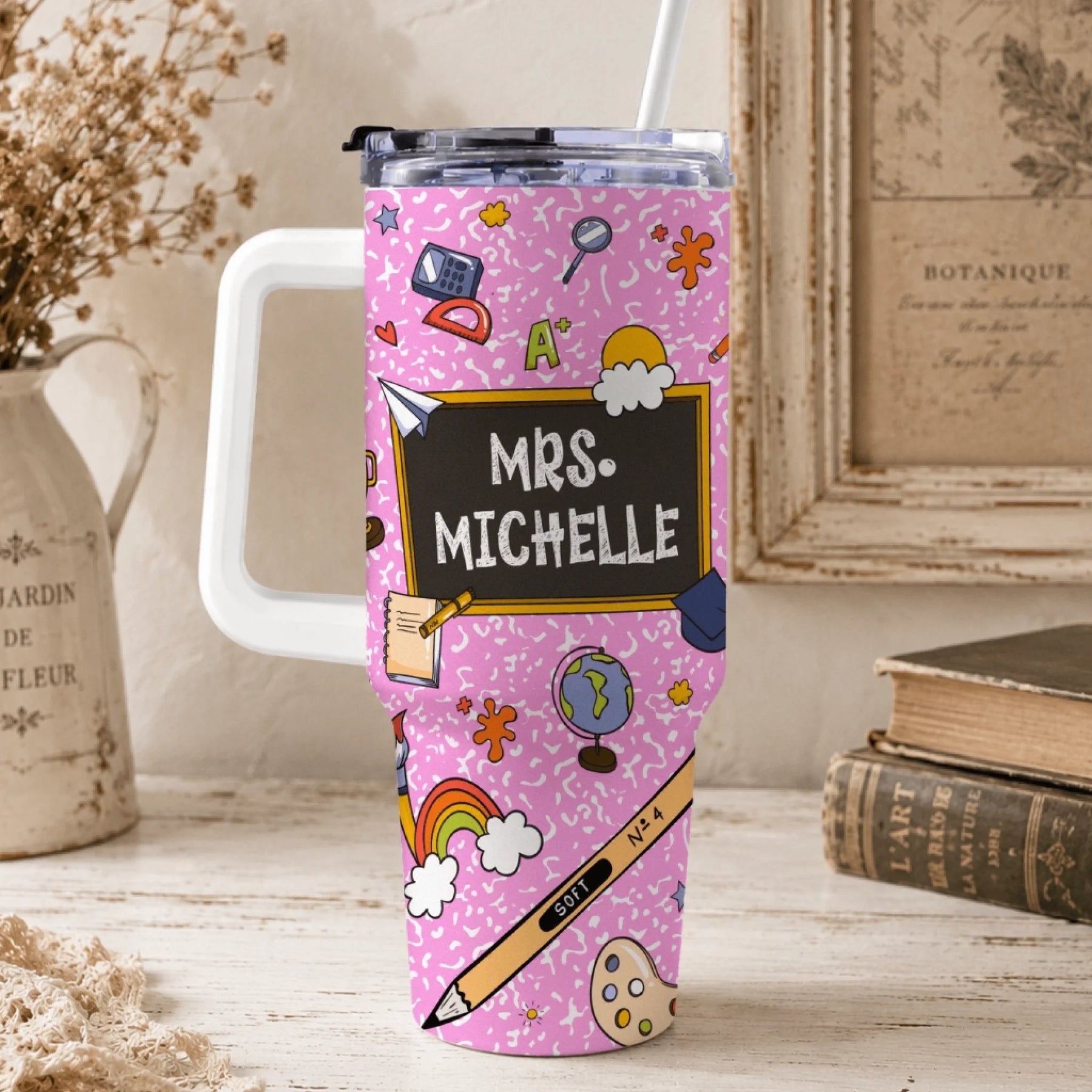 Custom Mrs Michelle tumbler with school supplies and chalkboard design perfect for teacher appreciation back to school