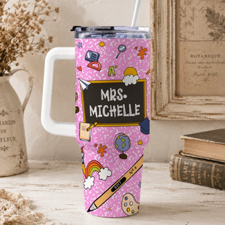 Custom Mrs Michelle tumbler with school supplies and chalkboard design perfect for teacher appreciation back to school