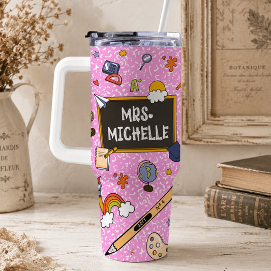 Custom Mrs Michelle tumbler with school supplies and chalkboard design perfect for teacher appreciation back to school