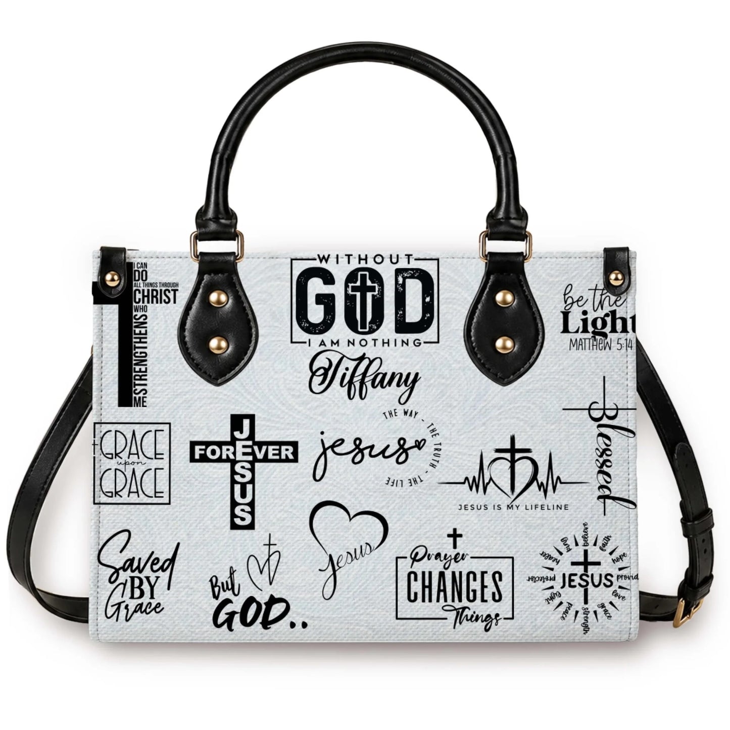 A custom Christian handbag featuring inspirational faith quotes and the name Tiffany for a unique religious gift idea.
