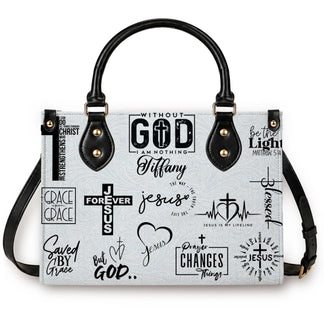 A custom Christian handbag featuring inspirational faith quotes and the name Tiffany for a unique religious gift idea.