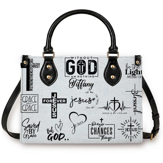 A custom Christian handbag featuring inspirational faith quotes and the name Tiffany for a unique religious gift idea.