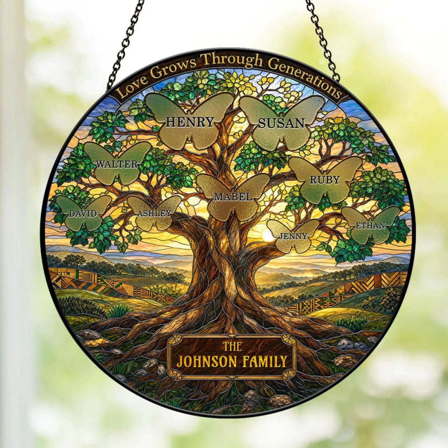 Personalized stained glass style family tree suncatcher with butterfly name charms for a unique family home decor gift.