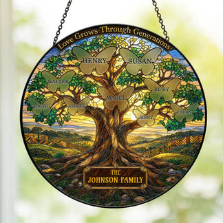 Personalized stained glass style family tree suncatcher with butterfly name charms for a unique family home decor gift.