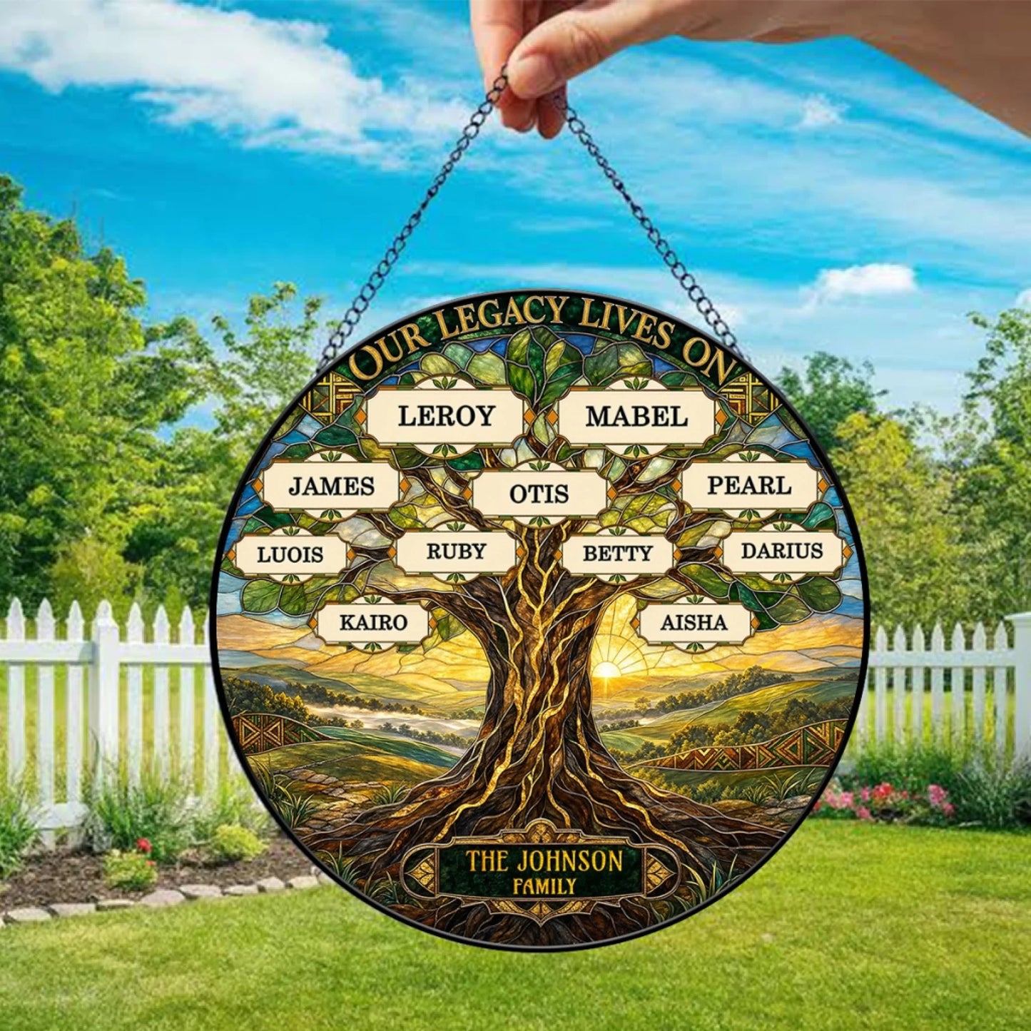 Decorative tree of life stained glass suncatcher with custom names of family members, perfect for a family reunion gift.