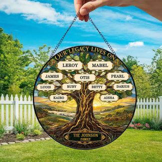 Decorative tree of life stained glass suncatcher with custom names of family members, perfect for a family reunion gift.