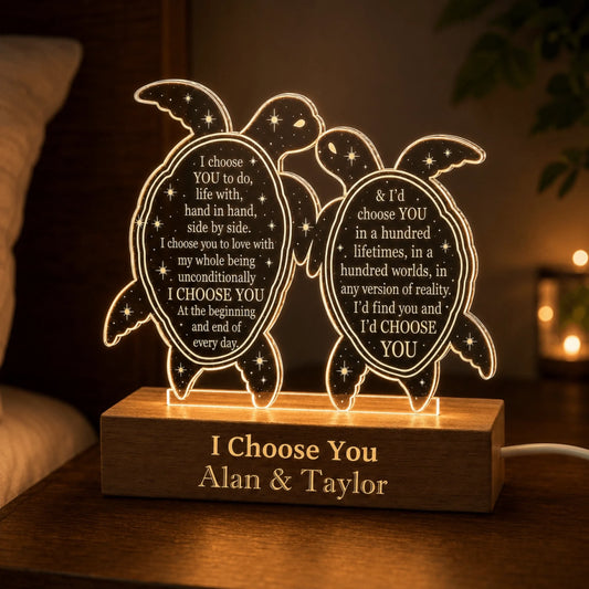 Personalized LED night light for couples featuring two turtles and romantic I Choose You quotes for anniversary gifts.