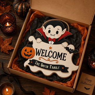 Custom Halloween wooden welcome sign with a cute vampire character, personalized for The Smith Family in a gift box.