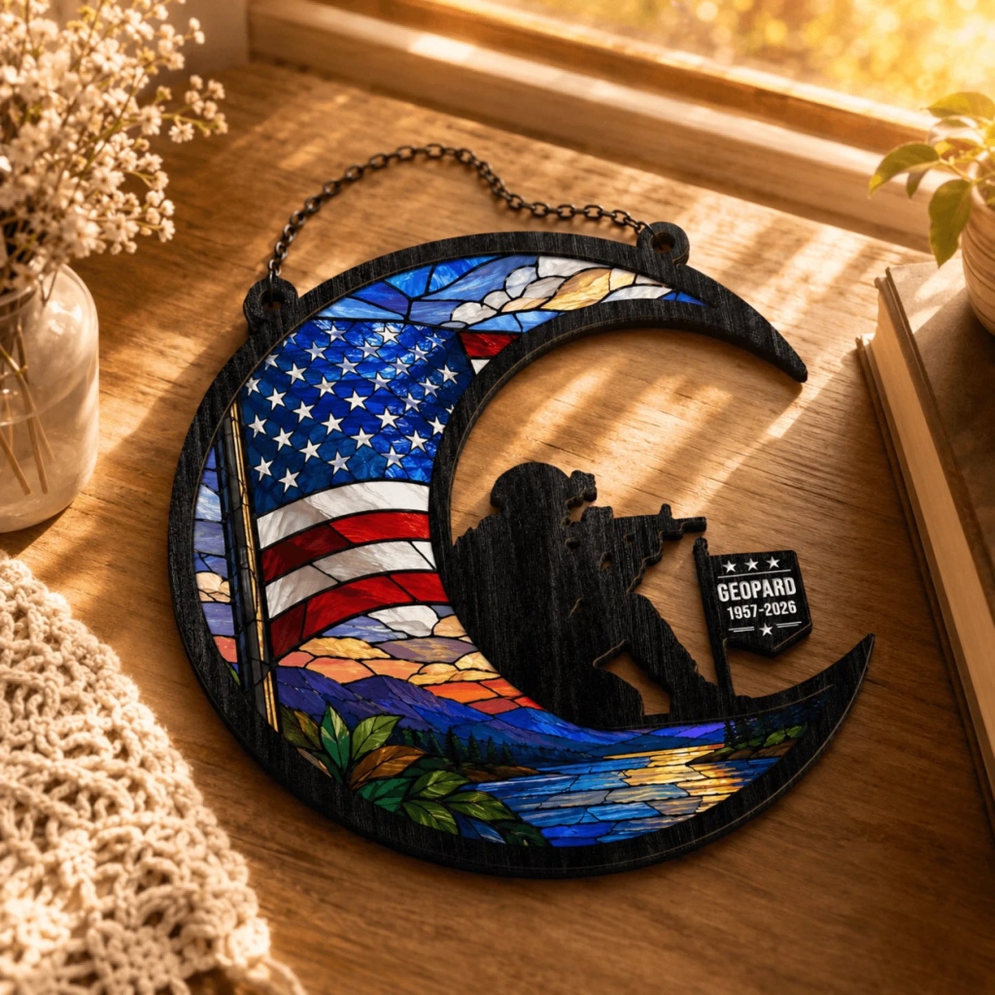 Stained glass crescent moon memorial gift for a veteran, featuring a soldier silhouette and American flag design.