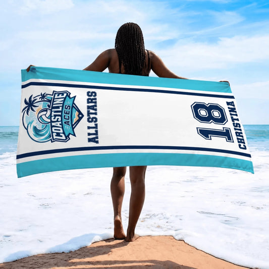 Custom volleyball beach towel featuring Coastline Aces Allstars design with custom name Christina and jersey number 18.