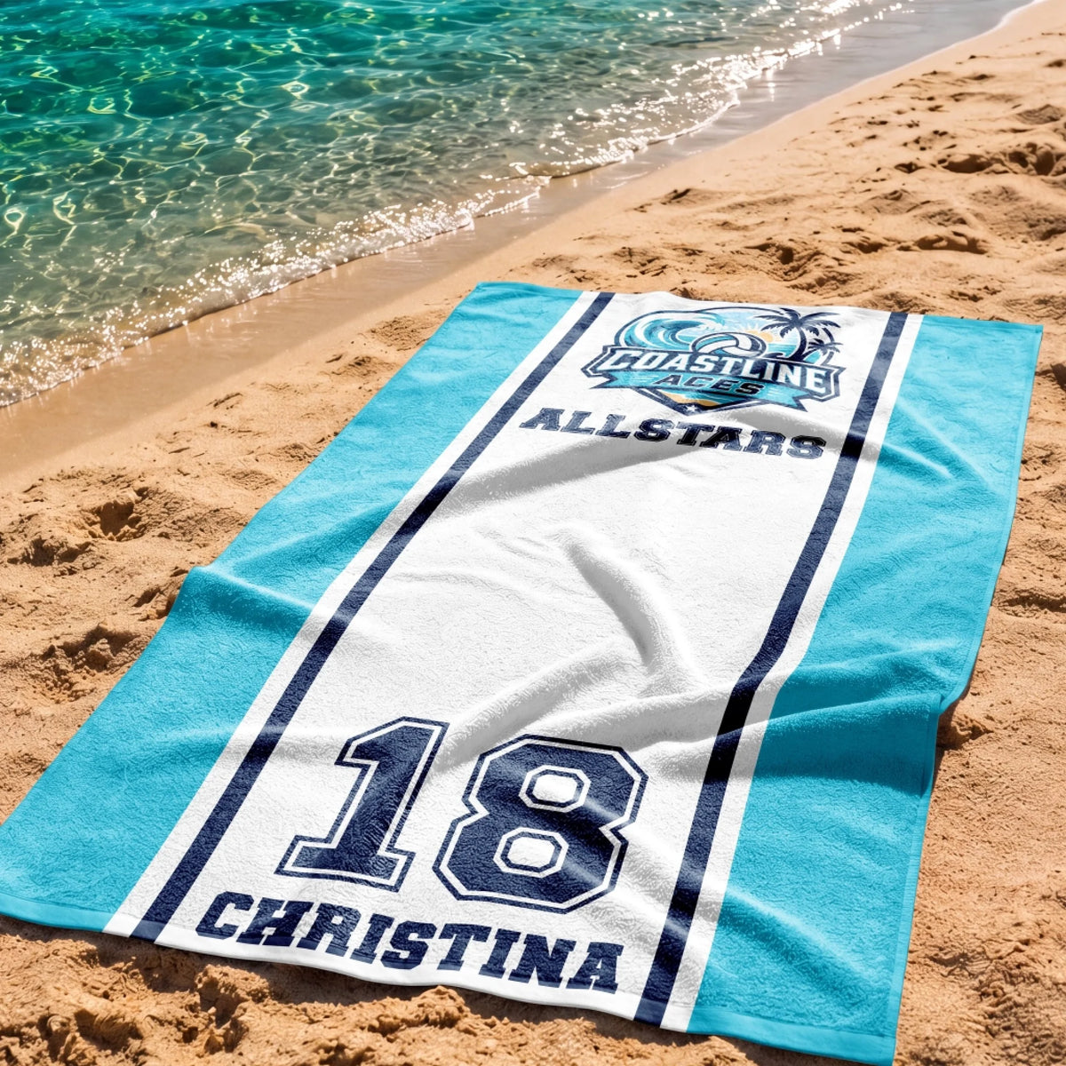 Custom volleyball beach towel for Coastline Aces Allstars featuring name Christina and player number 18 design
