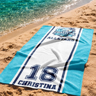 Custom volleyball beach towel for Coastline Aces Allstars featuring name Christina and player number 18 design