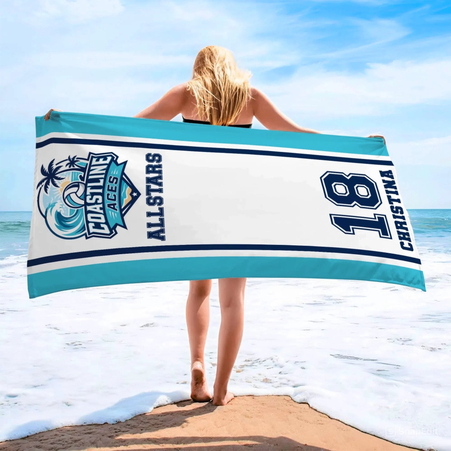 Custom volleyball beach towel featuring the Coastline Aces Allstars logo with personalized name Christina and number 18