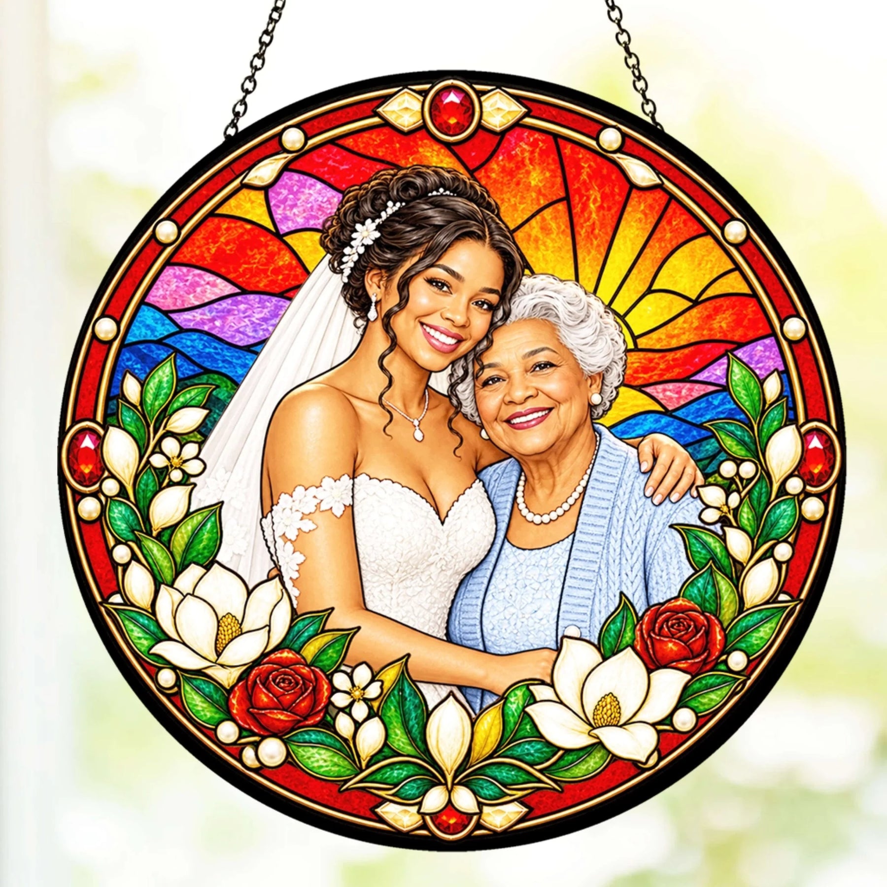 Custom stained glass suncatcher featuring a bride and her grandmother, a meaningful wedding bridal portrait gift.