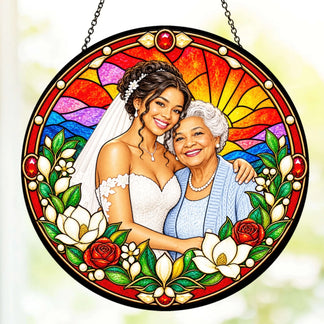 Custom stained glass suncatcher featuring a bride and her grandmother, a meaningful wedding bridal portrait gift.