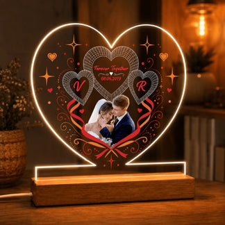 Custom wedding LED night light featuring a romantic couple photo with initials V and R and Forever Together inscription.