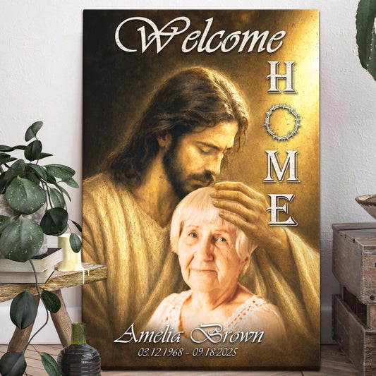 Personalized memorial canvas featuring Jesus with a woman, custom name and dates for a touching sympathy gift tribute.