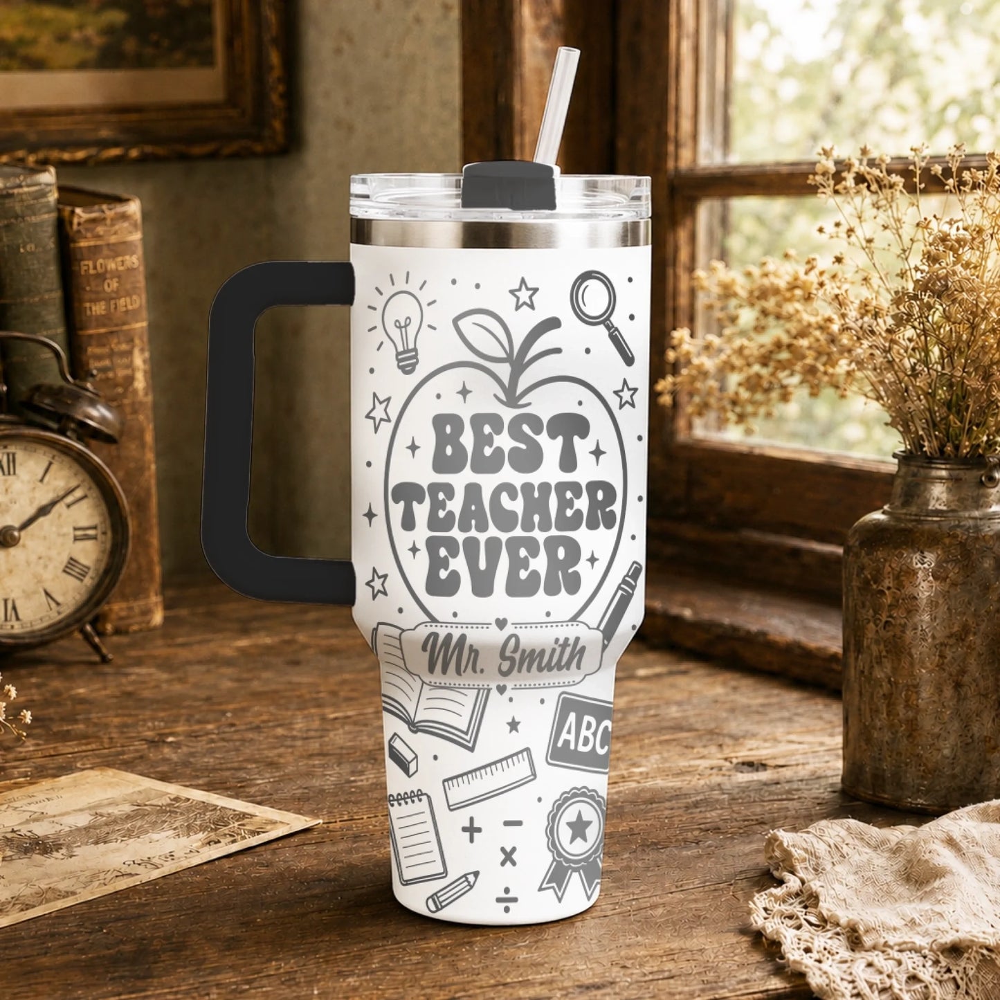 White stainless steel teacher tumbler featuring school themed graphics and personalized custom name text.