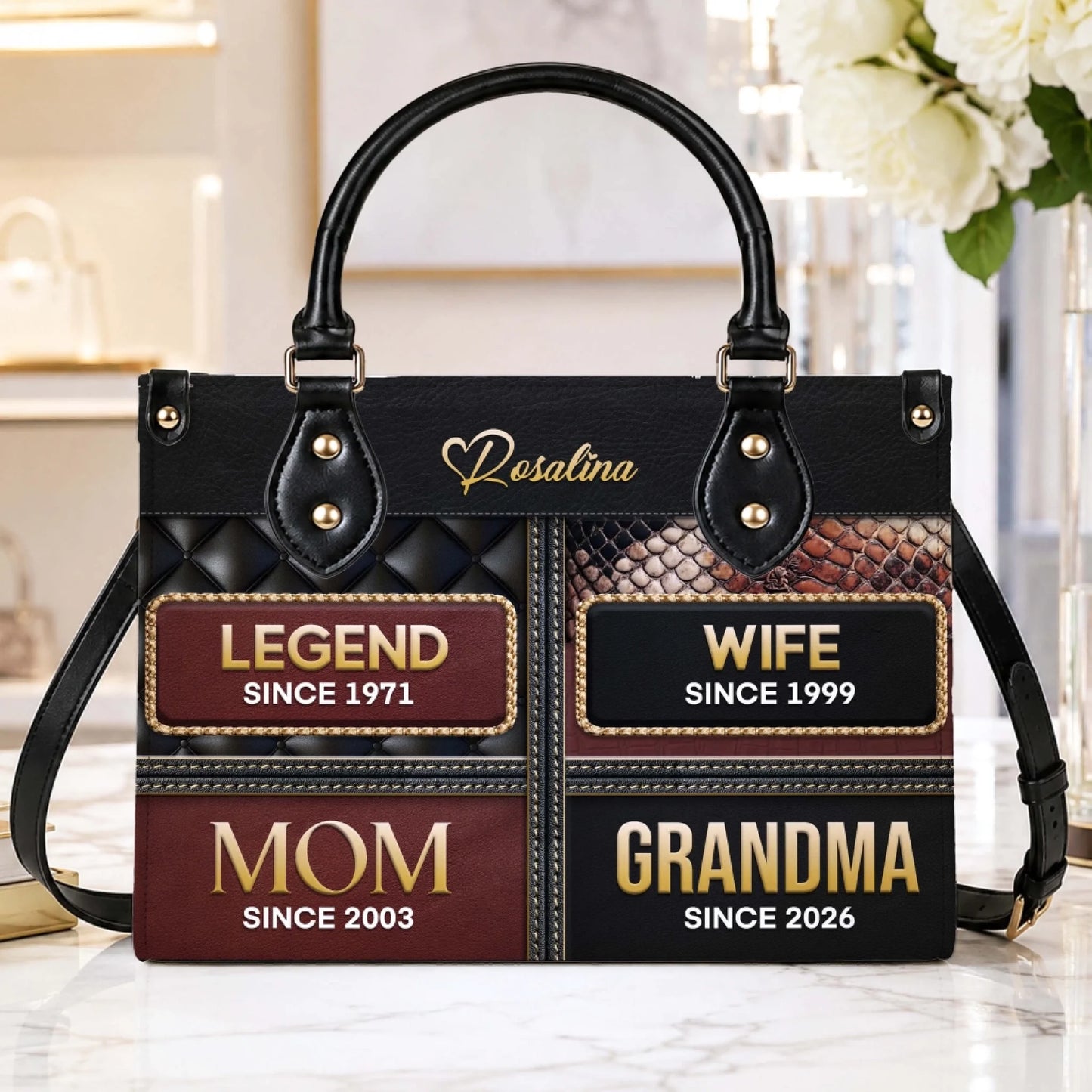 Stylish personalized leather handbag featuring custom family milestones, a meaningful gift for wives, moms, and grandmas.