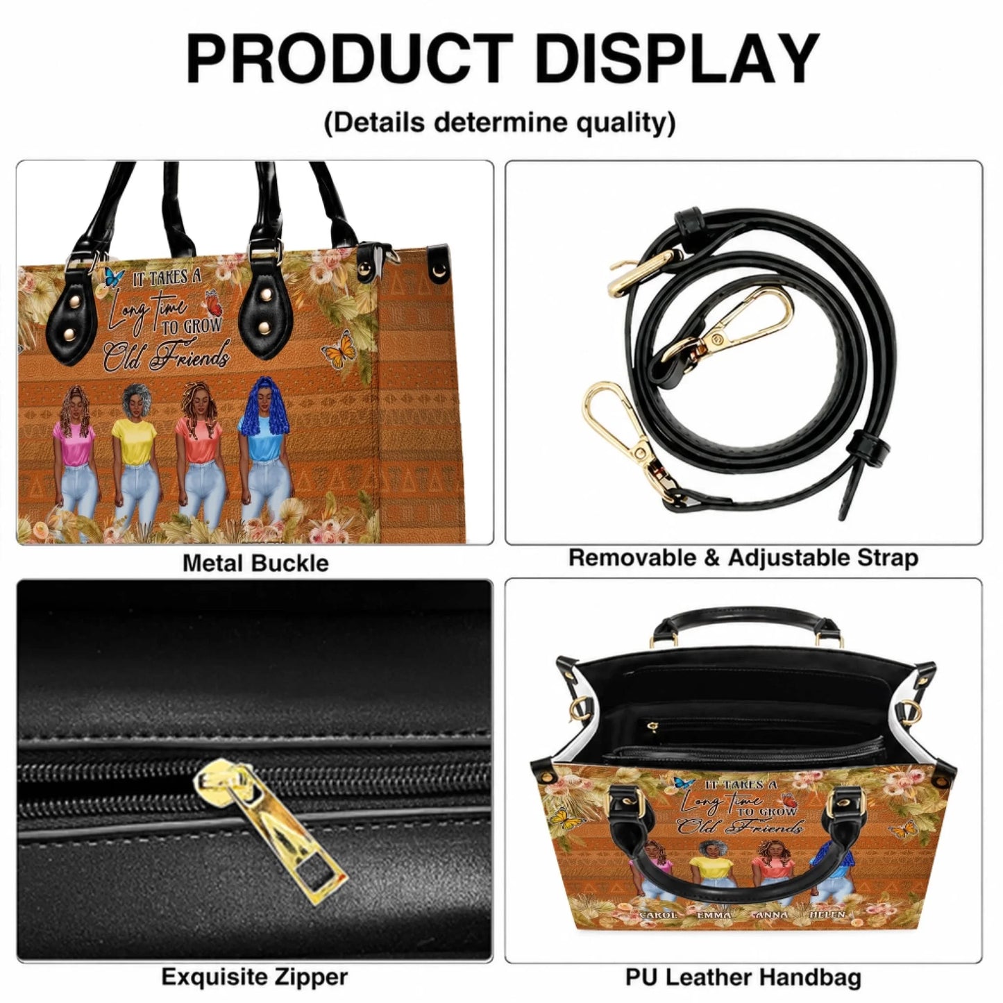Detailed features of a personalized women handbag including metal buckles adjustable straps and interior zipper.