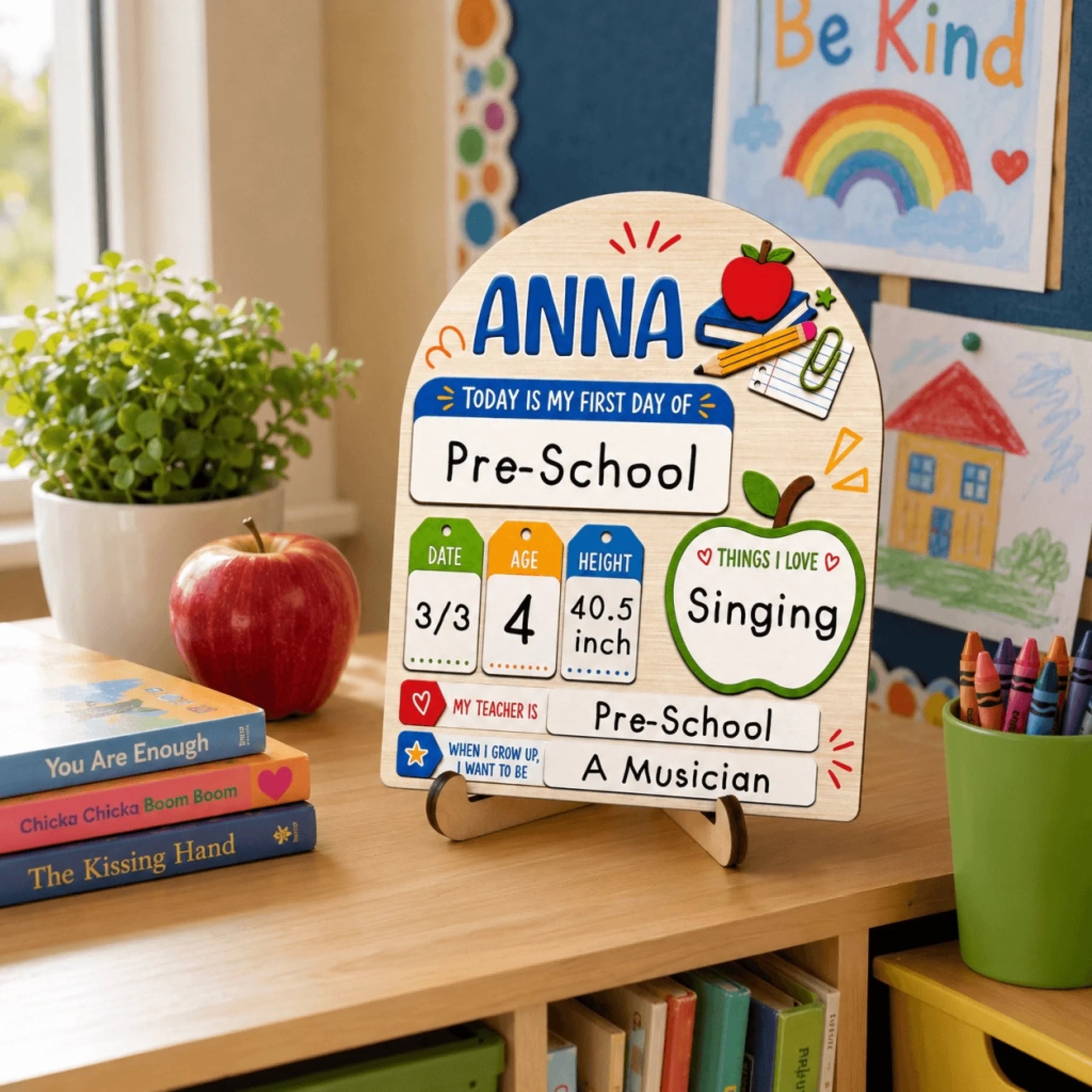 Customizable wooden first day of school sign for kids, perfect for back to school photos and milestone keepsakes.