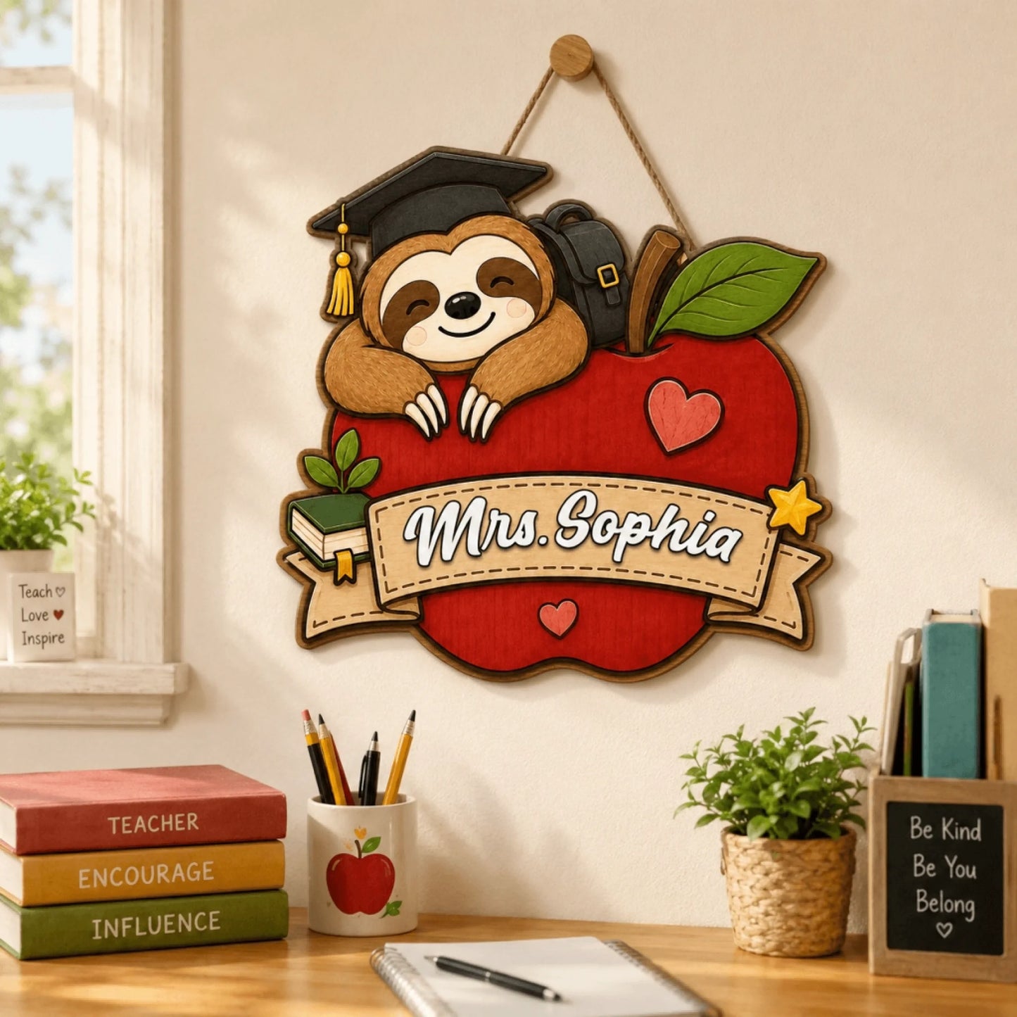 Personalized wooden sloth teacher appreciation sign with Mrs Sophia name plate for desk or classroom wall decor.