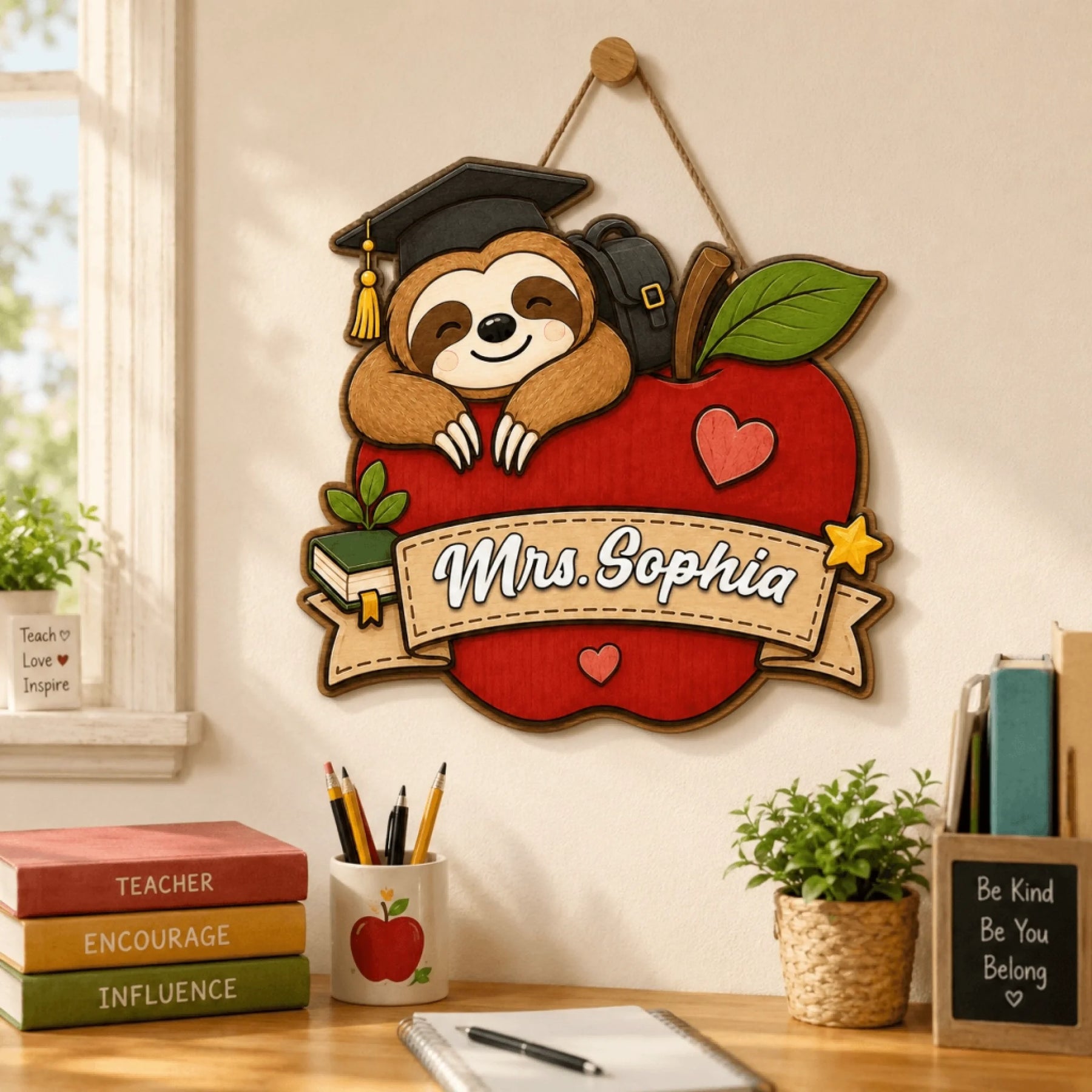 Personalized wooden sloth teacher appreciation sign with Mrs Sophia name plate for desk or classroom wall decor.