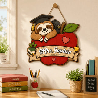 Personalized wooden sloth teacher appreciation sign with Mrs Sophia name plate for desk or classroom wall decor.