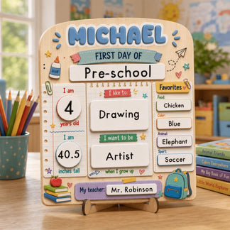 Customizable wooden first day of school sign with name and stats, perfect for preschool memory photos and gifts.