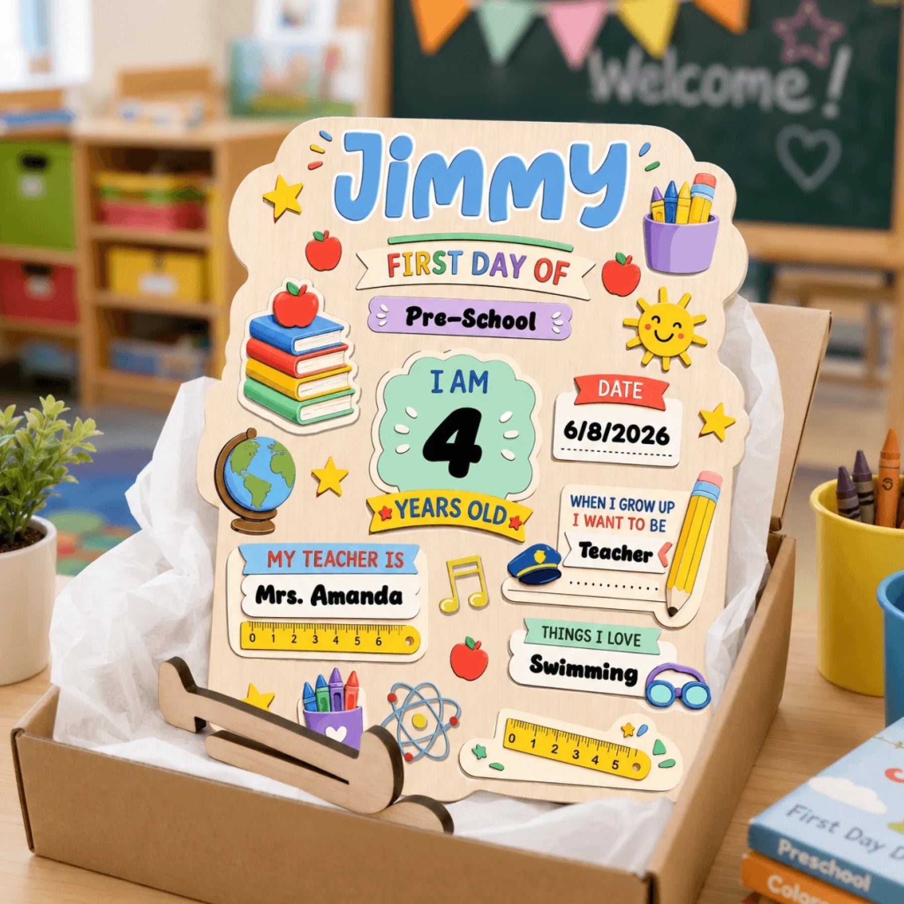 Personalized Jimmy first day of preschool wooden sign for back to school, packaged and ready as a thoughtful kid gift.