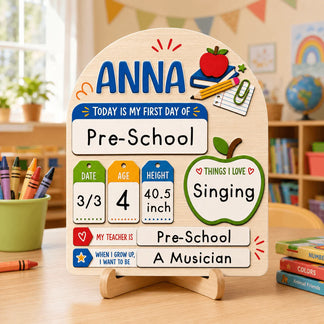 Personalized wooden sign for Anna on her first day of preschool, featuring custom details like grade and school year.