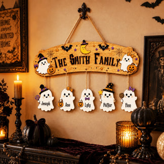 Custom wooden family halloween wall sign with five hanging ghost ornaments personalized with names for holiday decor.