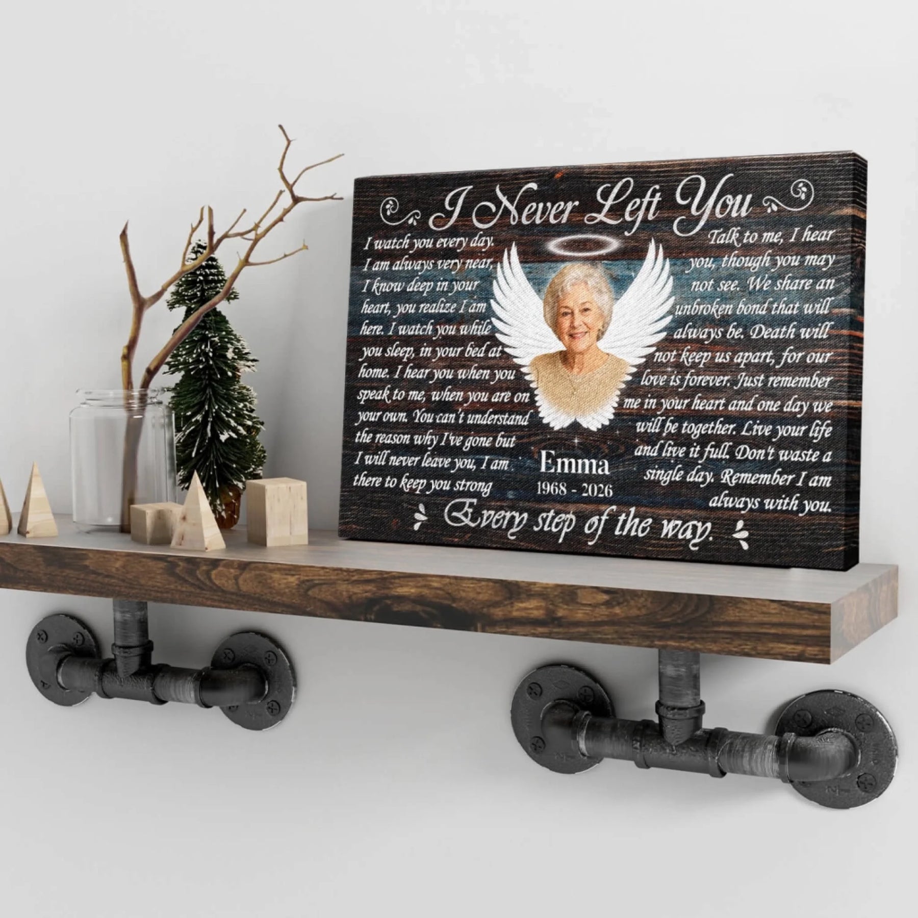 Custom angel themed memorial sign with portrait, name, and dates to honor the memory of a loved one.