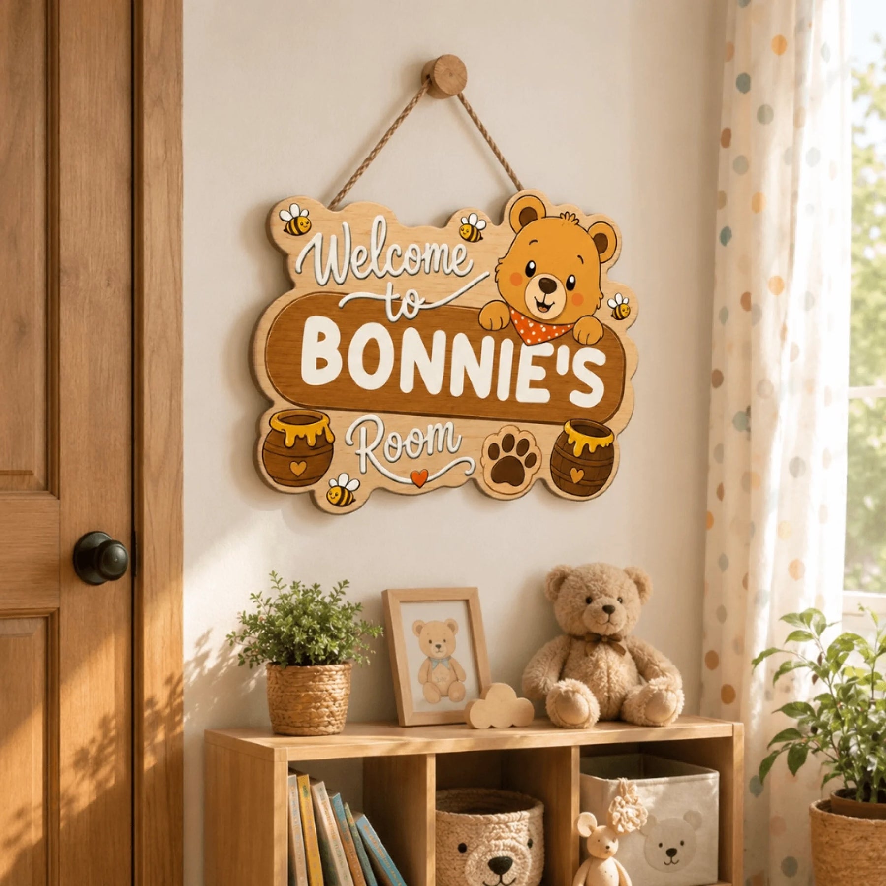 Cute bear themed personalized wooden wall hanging sign for a childs room featuring honey bee accents and custom text
