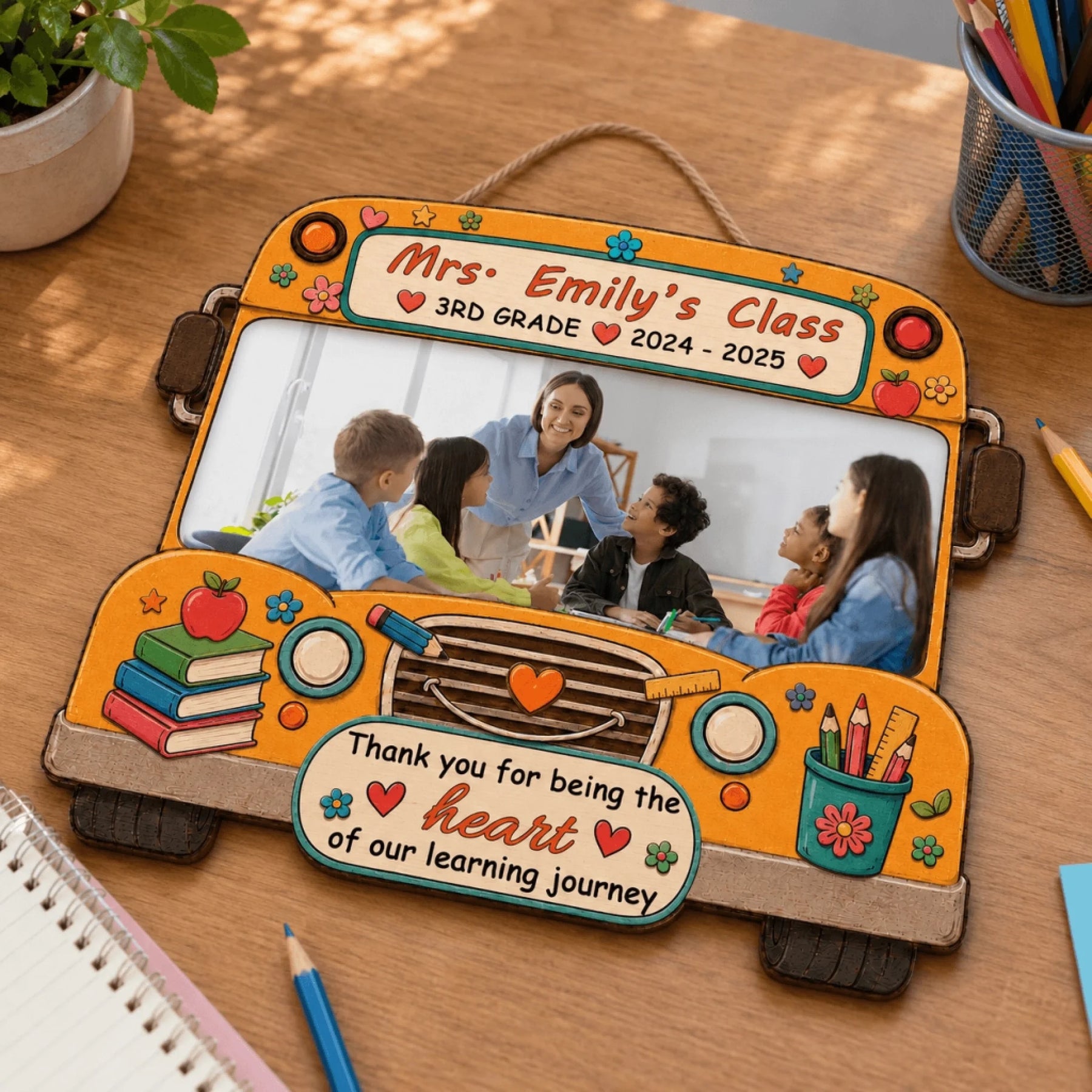 Personalized wooden school bus classroom decor featuring 3rd grade text, custom teacher photo, and a sweet thank you quote.
