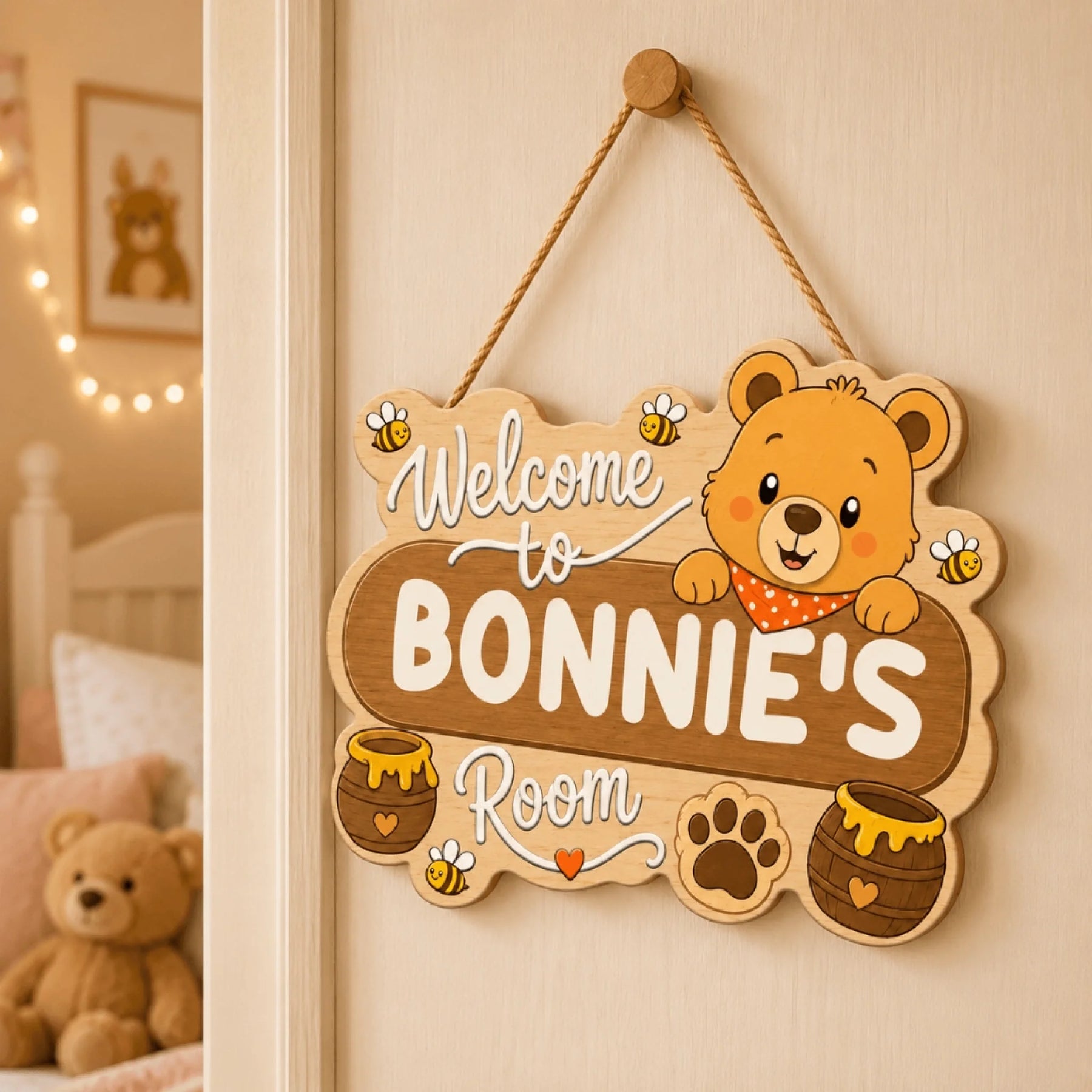 Custom wooden welcome sign for a baby nursery featuring a cute bear cartoon honey pots and the name Bonnies Room decor