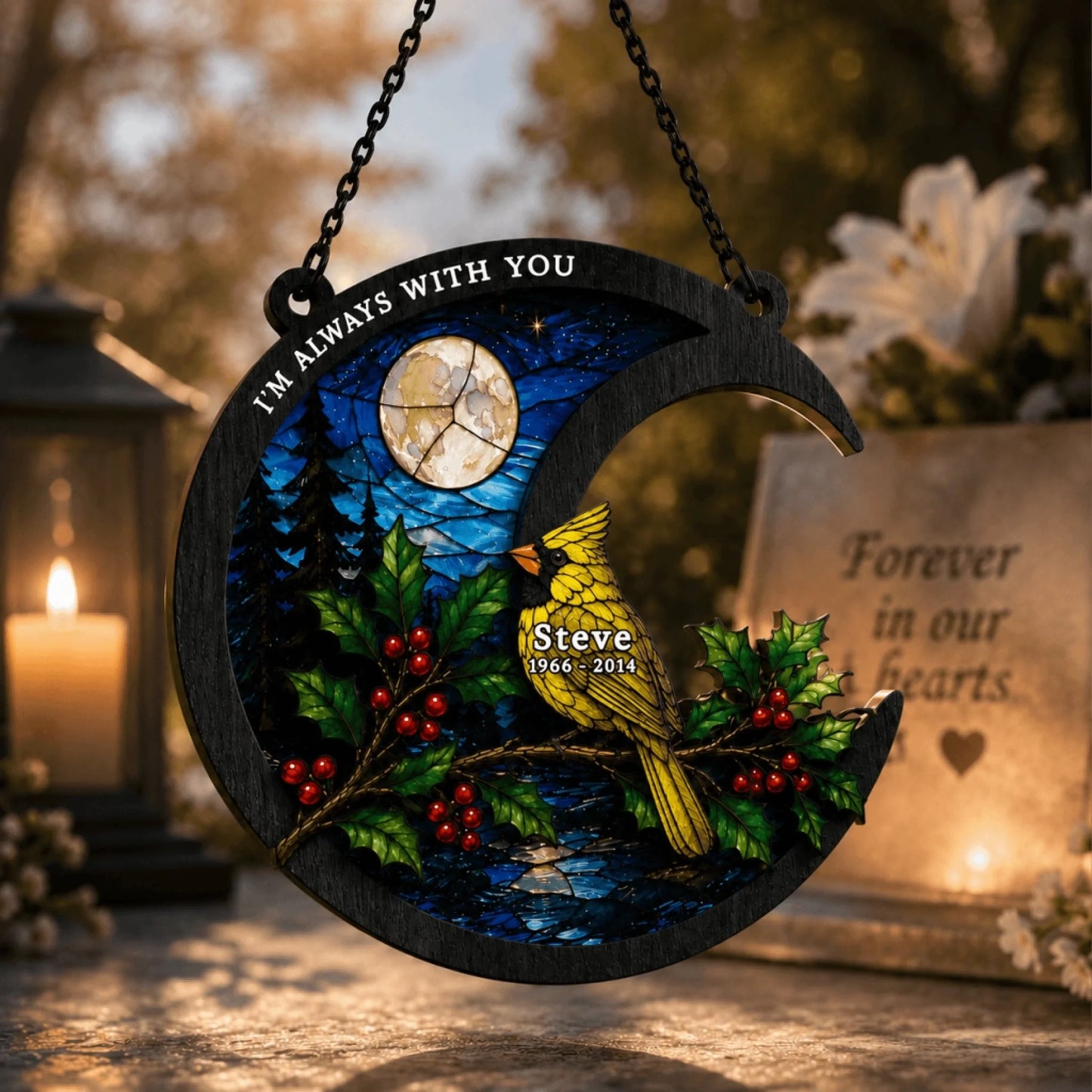 Custom memorial suncatcher featuring a yellow cardinal on a branch with Steve 1966 2014 text for loss of loved one.