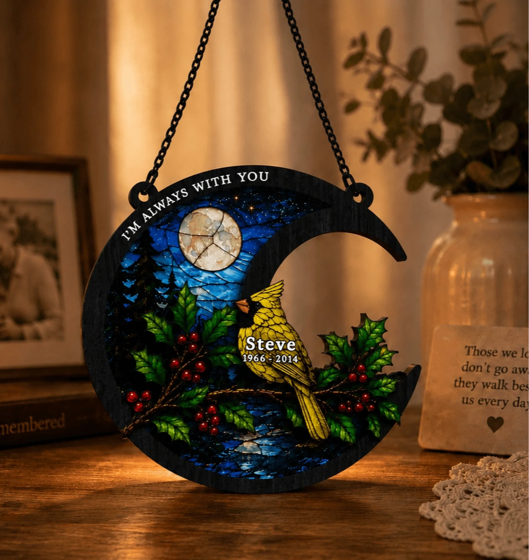 Custom yellow cardinal memorial window hanging with engraved name and dates, designed for sympathy and remembrance.