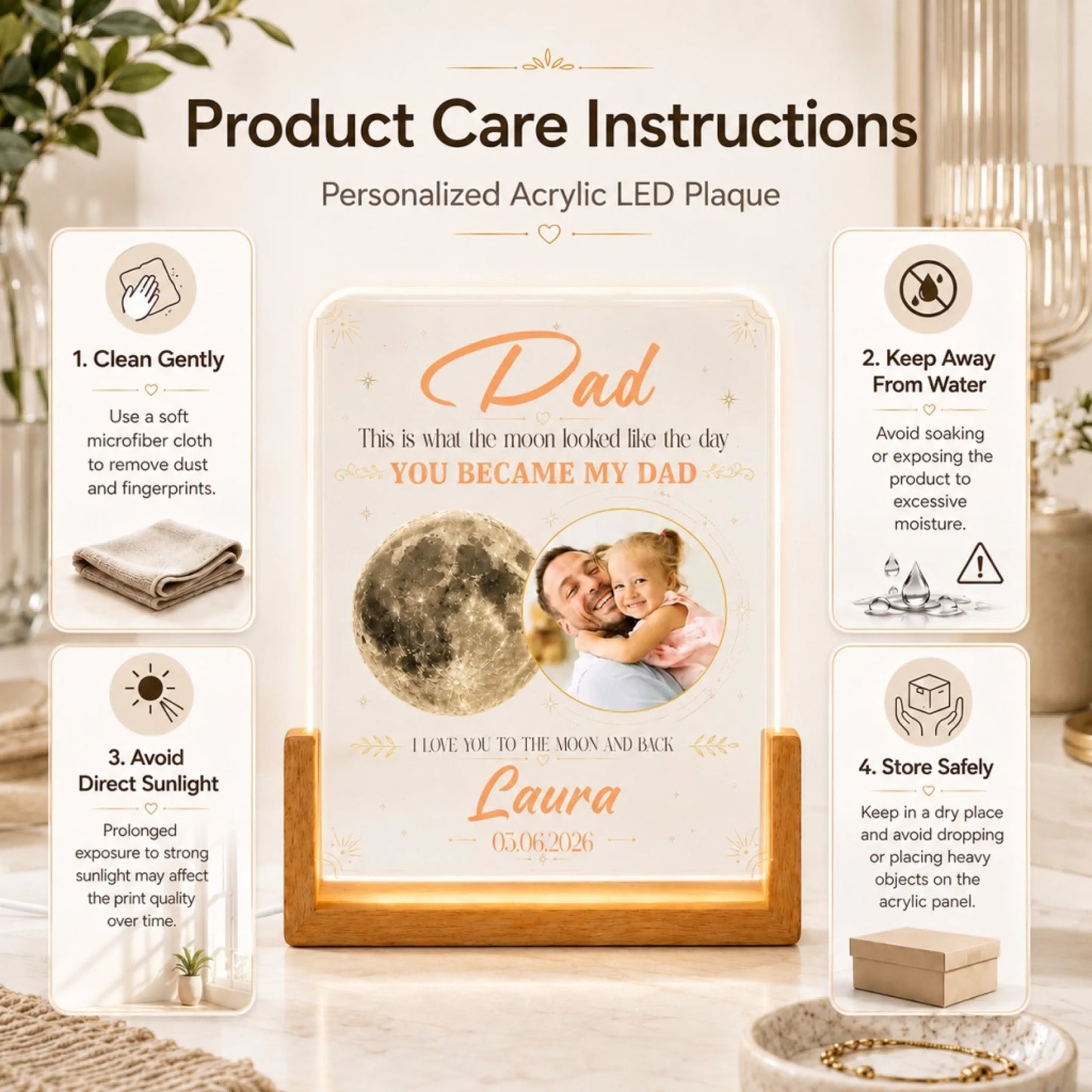 Personalized acrylic LED plaque with product care instructions on a decorative background