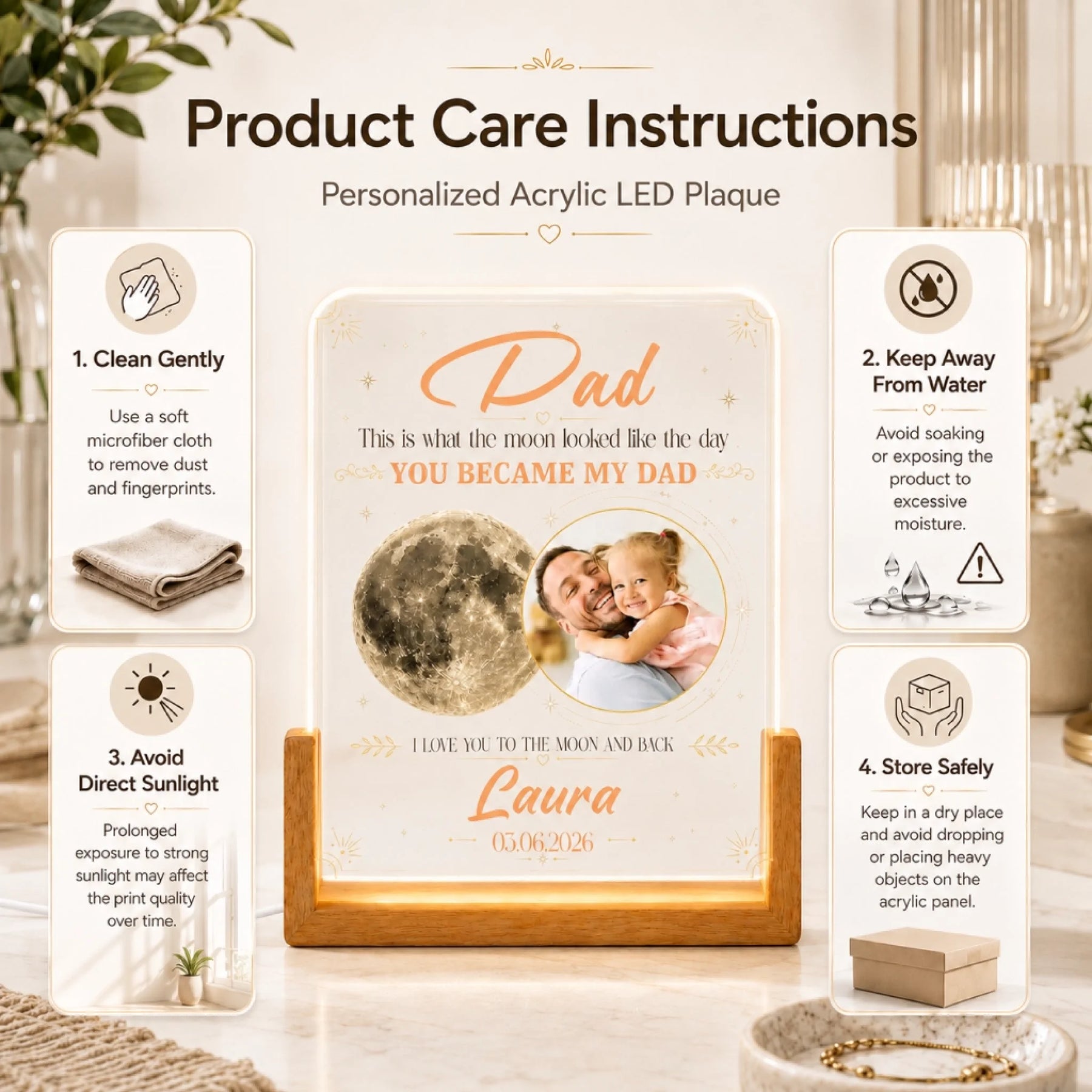 Personalized acrylic LED plaque with product care instructions on a decorative background