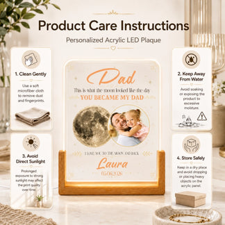 Personalized acrylic LED plaque with product care instructions on a decorative background