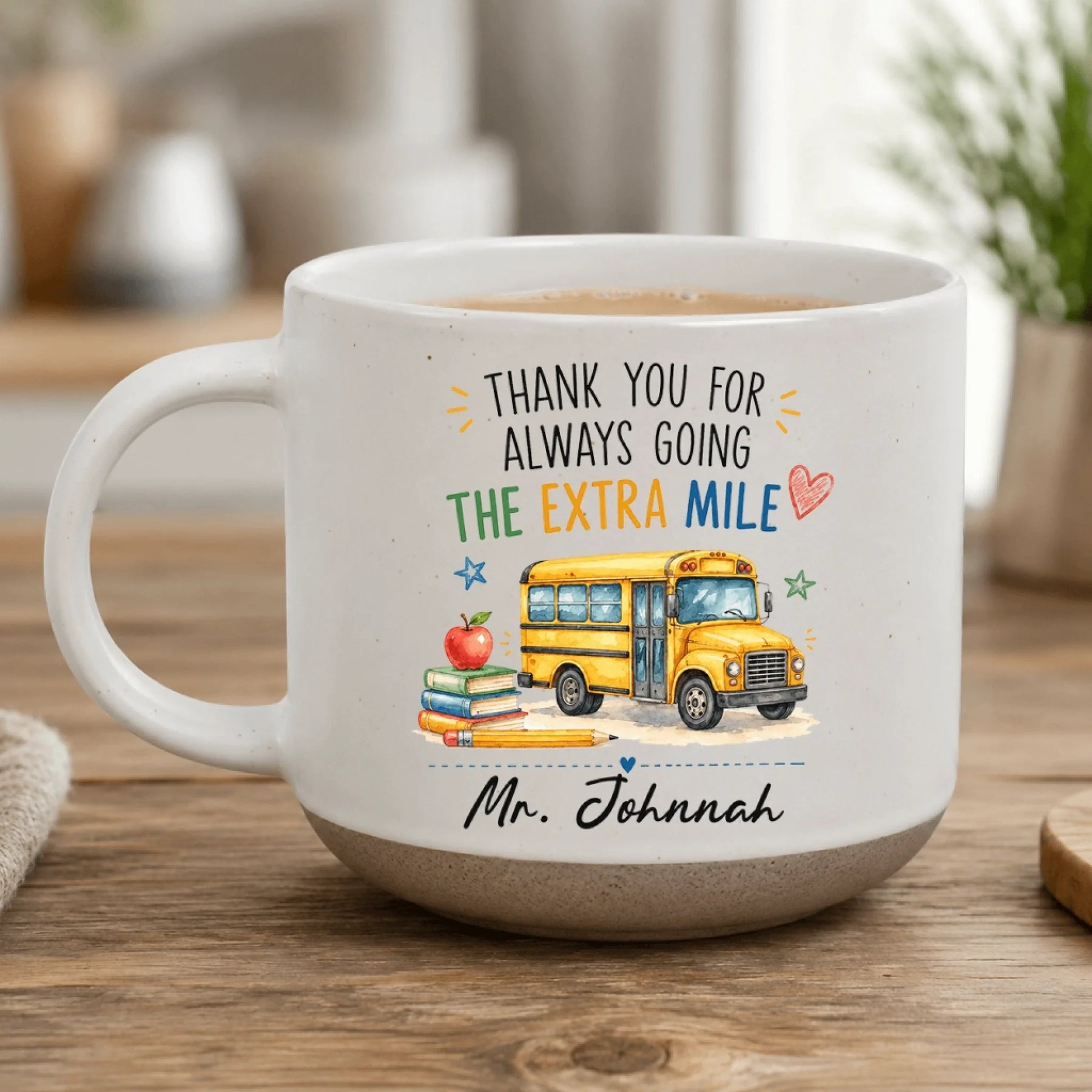 Personalized bus driver pottery mug with custom name and school bus artwork