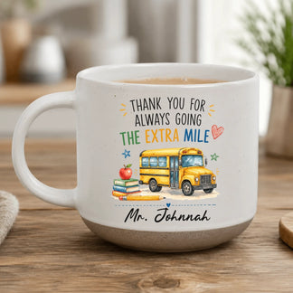 Personalized bus driver pottery mug with custom name and school bus artwork