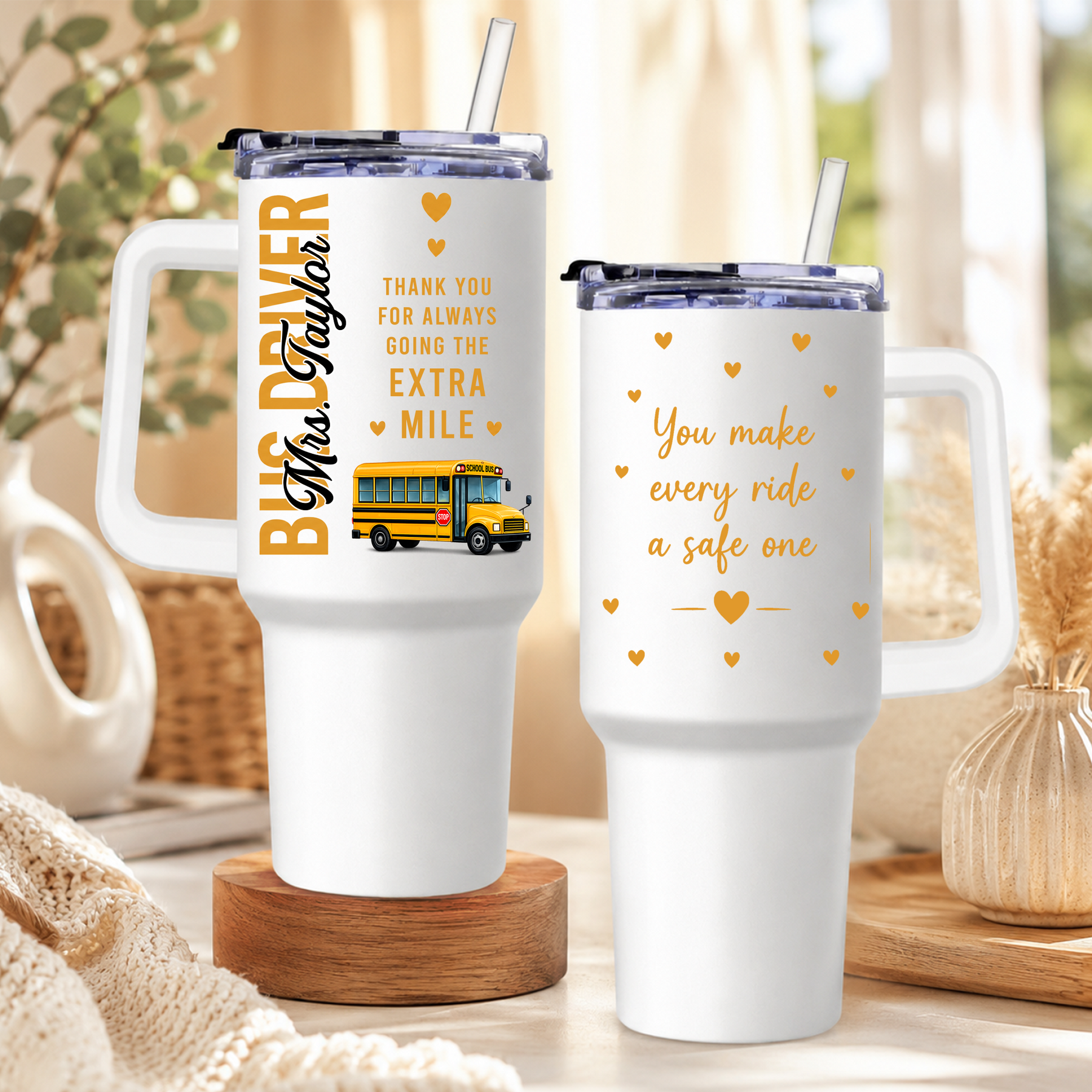 Personalized Bus Driver Tumbler with custom name and yellow school bus design