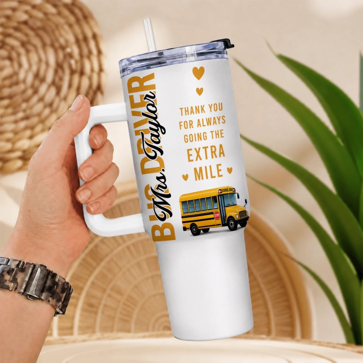 Close-up of tumbler lid and straw on personalized bus driver gift