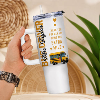 Close-up of tumbler lid and straw on personalized bus driver gift