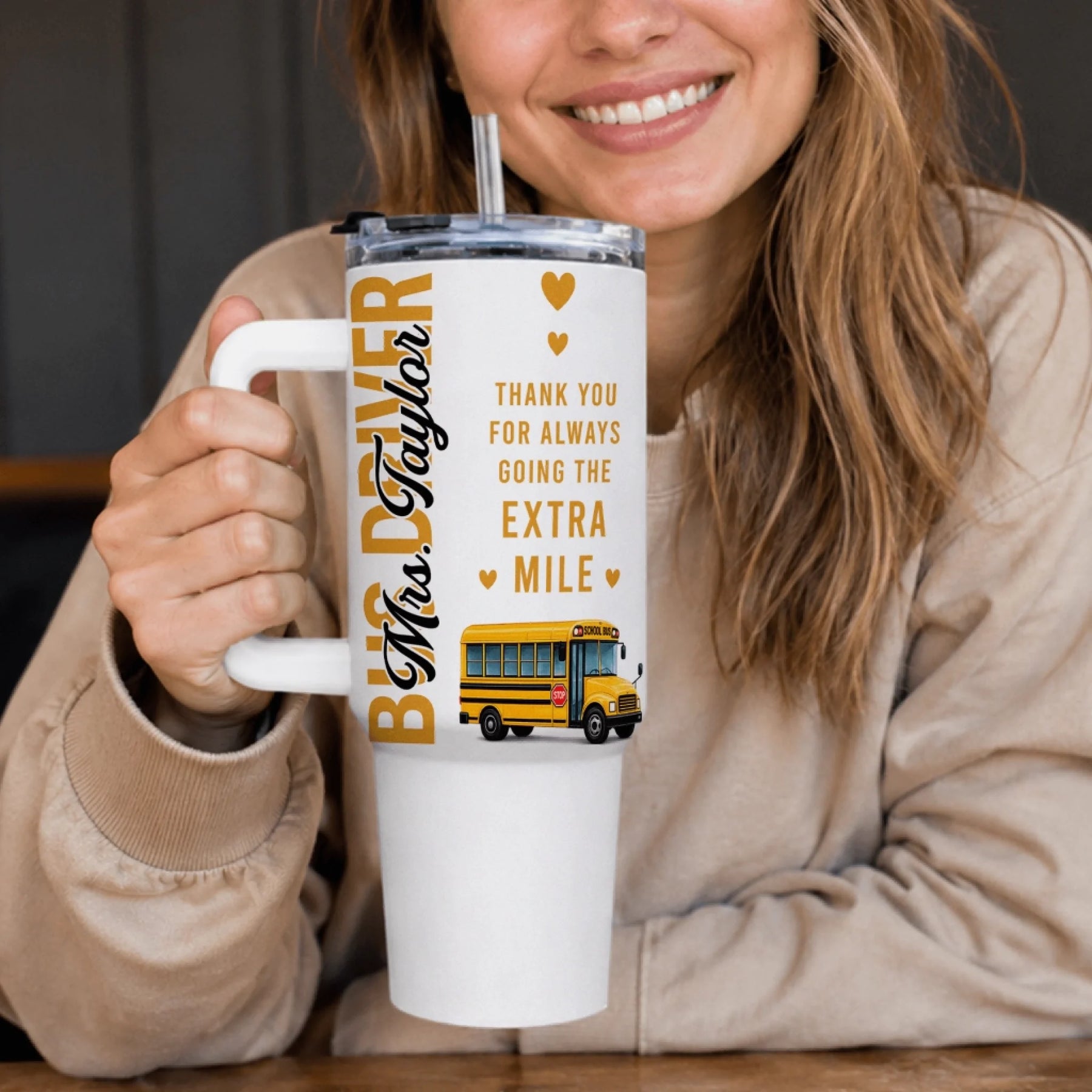 Personalized bus driver tumbler displayed as a thank-you appreciation gift